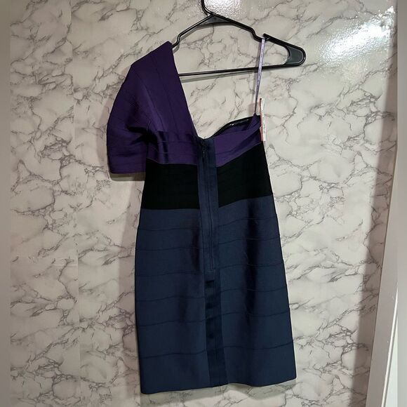 Herve Leger One-shoulder Tri-Colour Block Bandage Dress Size L - Picture 10 of 11